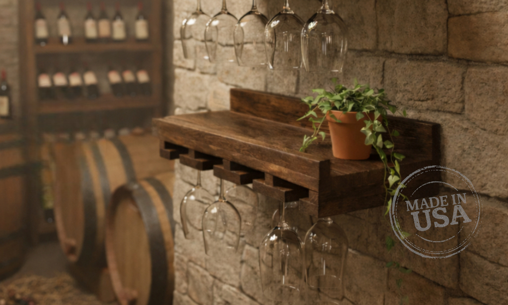Wine glass rack mounted on a stone wall with wine barrels and shelves in the background, featuring 'Made in USA' label.