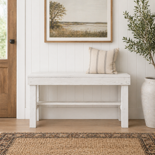 Rustic Wood Small Entryway Bench: Handcrafted Solid Wood Compact Bench – Farmhouse Mudroom Seating
