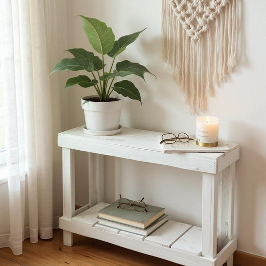 White reclaimed wood farmhouse console table with floating shelf, handmade solid wood furniture.