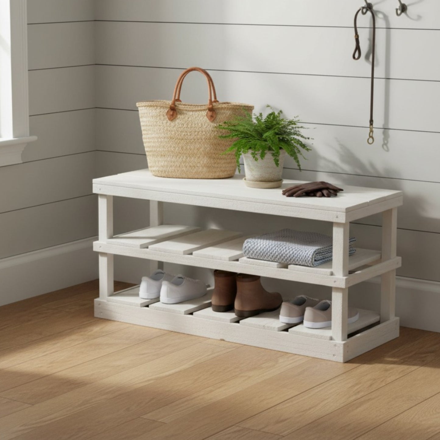 Rustic Wood Entryway Two-Tier Shoe Rack Bench: Solid Pine Boot Organizer & Bench – Handcrafted Farmhouse Storage