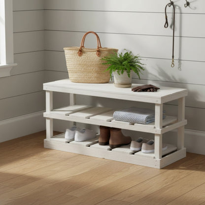 Rustic Wood Entryway Two-Tier Shoe Rack Bench: Solid Pine Boot Organizer & Bench – Handcrafted Farmhouse Storage