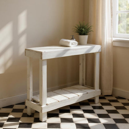 White reclaimed wood farmhouse console table with floating shelf, handmade solid wood furniture.